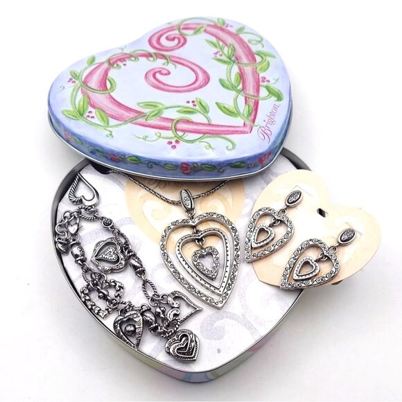 NWT Brighton L'Amore Heart 3-Pc Set Necklace Bracelet Earrings Collectible Tin - Picture 1 of 8